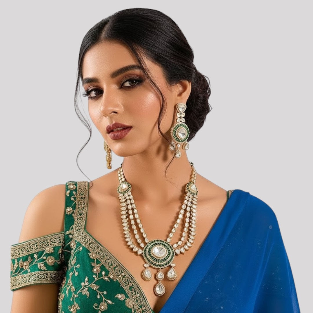 Pearl &amp; Polki Layered Kundan Necklace Set with Green Detailing