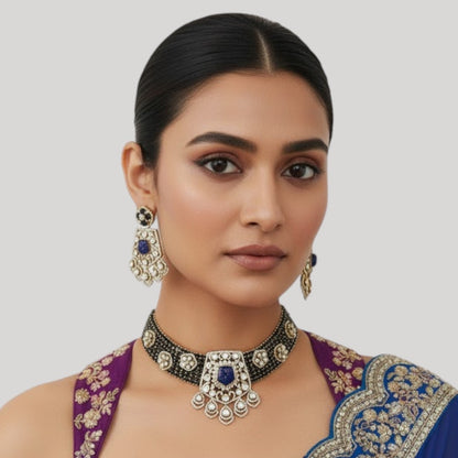 Royal Blue Beaded Choker Necklace Set with Earrings