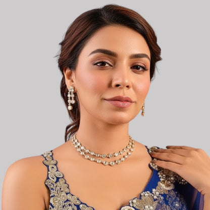 Double-Strand Gold-Plated Kundan Necklace Set with Drop Earrings