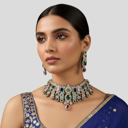 Multicolor Kundan Polki Choker Necklace Set with Matching Earrings for Women
