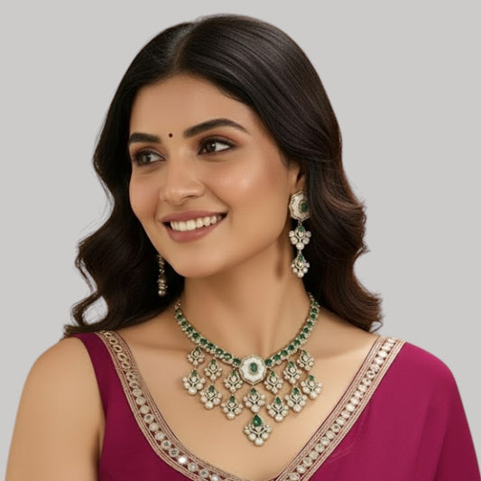 Floral Kundan  Emerald Green Bridal Necklace Set – Pearl Drop Detailing