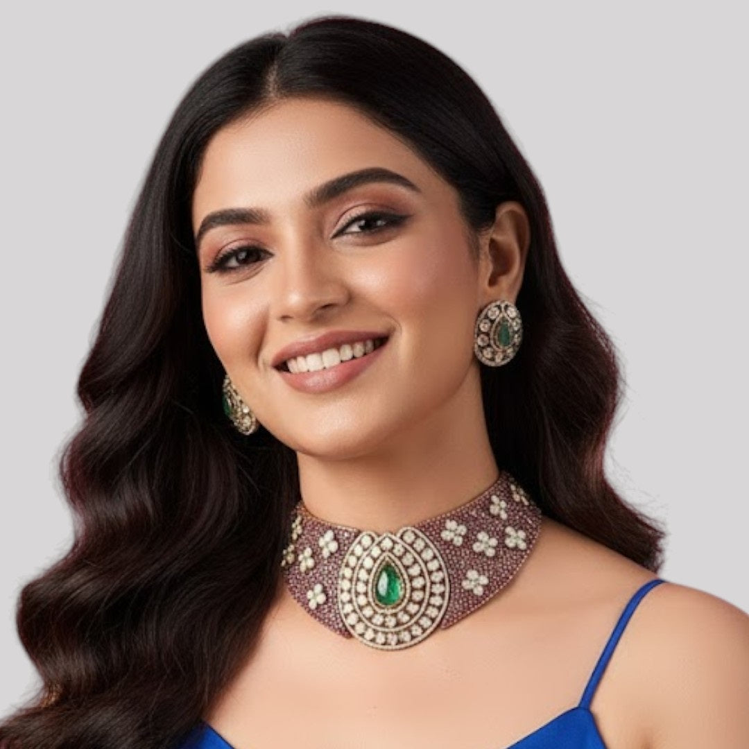 Green Stone & Pearl Embellished Kundan Choker Necklace Set