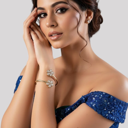 Gold-Plated Floral Kundan Open Bangle Bracelet for Women