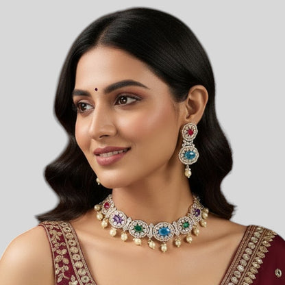 Traditional Gold-Tone Pearl Drop Multicolor Choker Necklace Set with Earrings for Women
