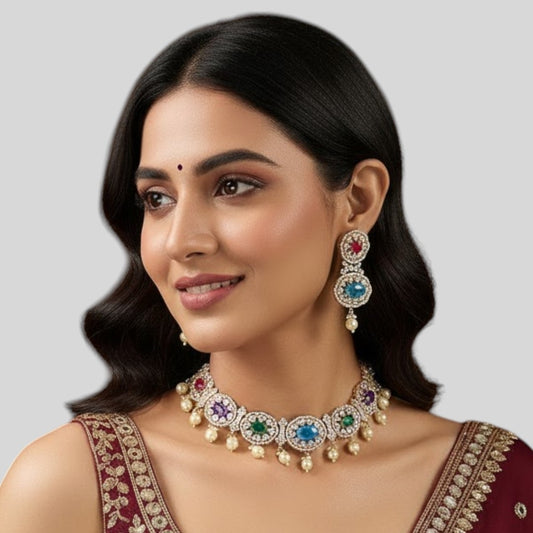 Traditional Gold-Tone Pearl Drop Multicolor Choker Necklace Set with Earrings for Women