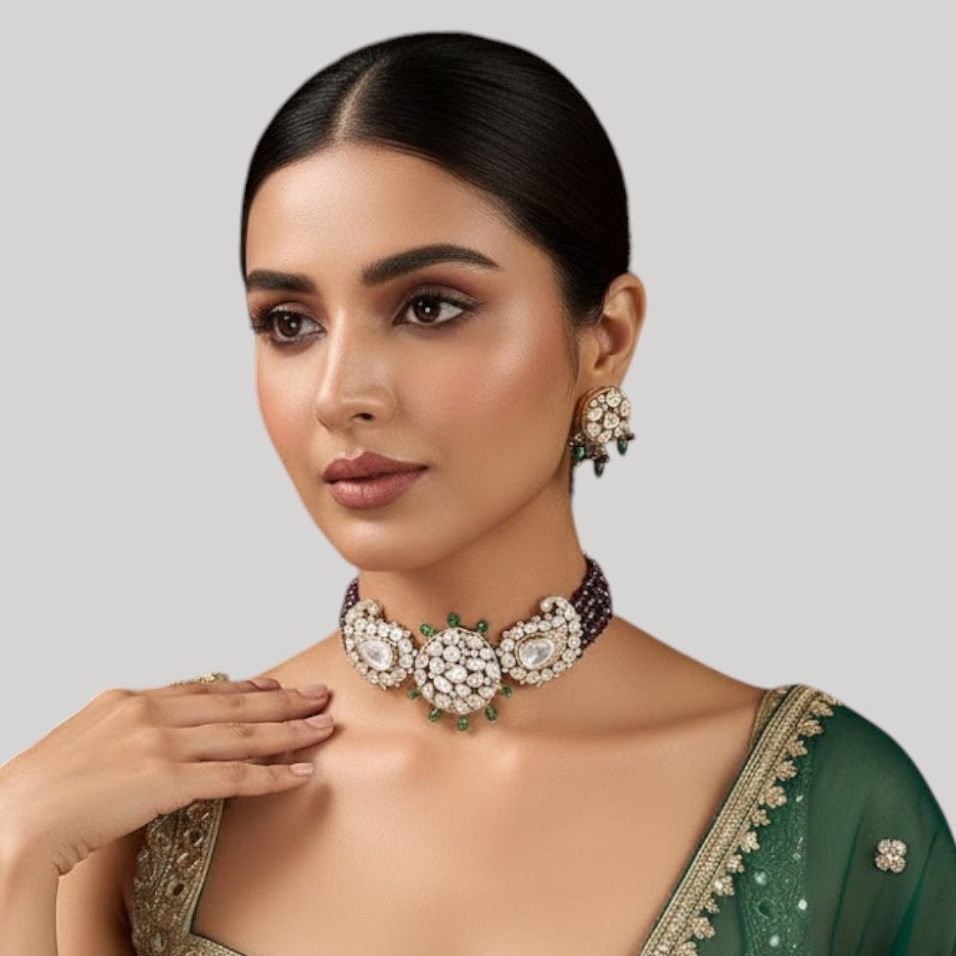 Gold-Plated Kundan Choker Necklace Set with Green Bead Detailing & Earrings for Women