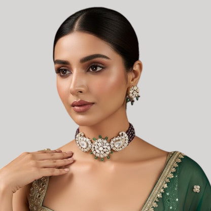 Gold-Plated Kundan Choker Necklace Set with Green Bead Detailing & Earrings for Women