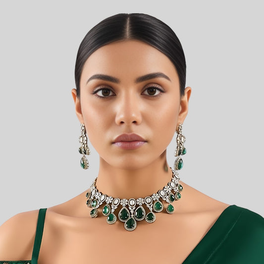 Elegant Green Teardrop Jewelry Set for Bridal or Festive Wear