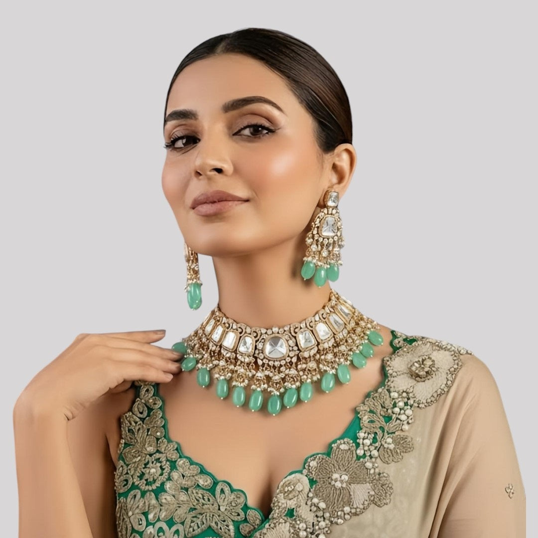 Mint Green and Mirror Kundan Choker Necklace Set