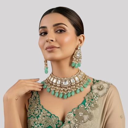 Mint Green and Mirror Kundan Choker Necklace Set