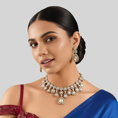 Classic White Kundan Choker Necklace Set with Earrings for Bridal & Wedding Wear - Auraa Trends
