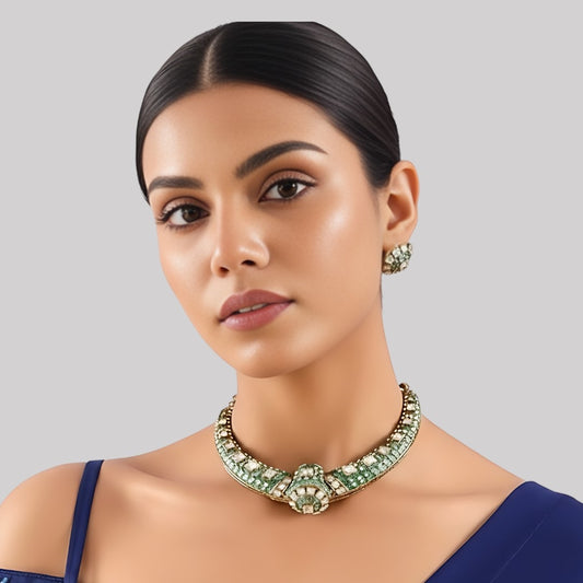 Elegant Mint Green and Pearl Choker Necklace with Matching Earrings