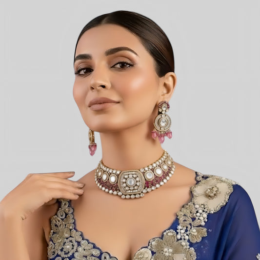 Elegant Ruby and White Stone Choker Necklace with Matching Earrings for Weddings and Celebrations