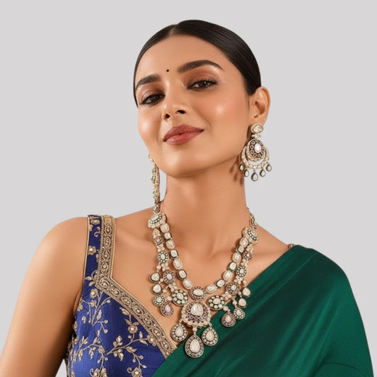 Gold Finish Kundan Stone Layered Necklace Set