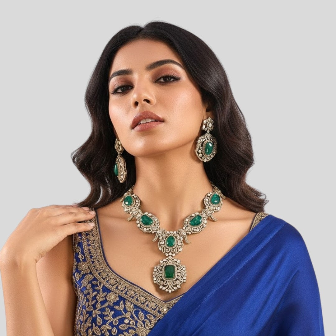 Gold Finish Kundan Polki Necklace Set with Emerald Stones for Wedding & Festive Wear