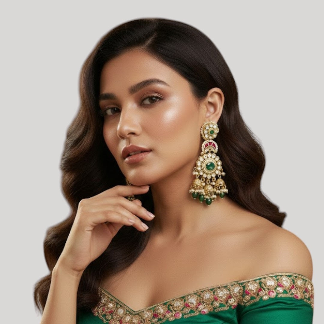 Traditional Gold-Plated Kundan & Emerald Green Jhumka Earrings for Women