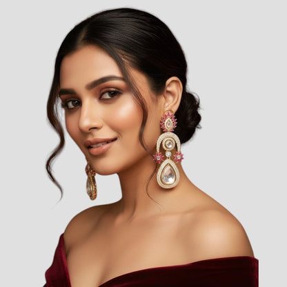 Gold-Plated Teardrop Kundan Earrings with Pink Floral Detailing