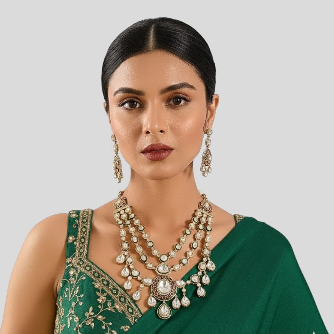 Luxurious Multi-Layered Pearl Necklace with Colorful Gemstones and Matching Earrings Set