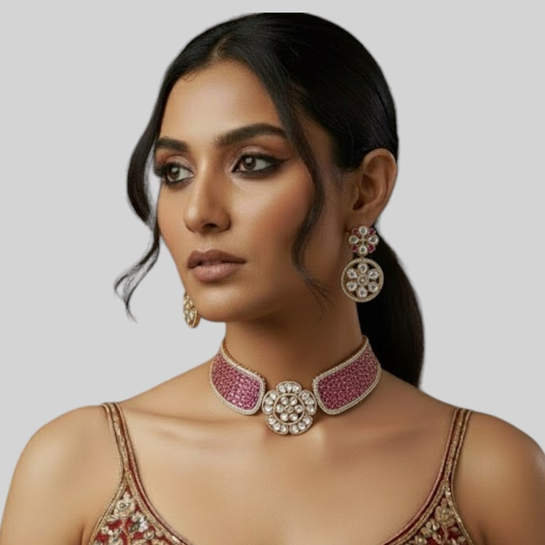 Floral Kundan & Magenta Stone Choker Necklace Set with Circular Drop Earrings for Women