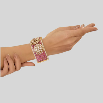 Gold-Plated Ruby & Kundan Floral Statement Bracelet Kada for Women