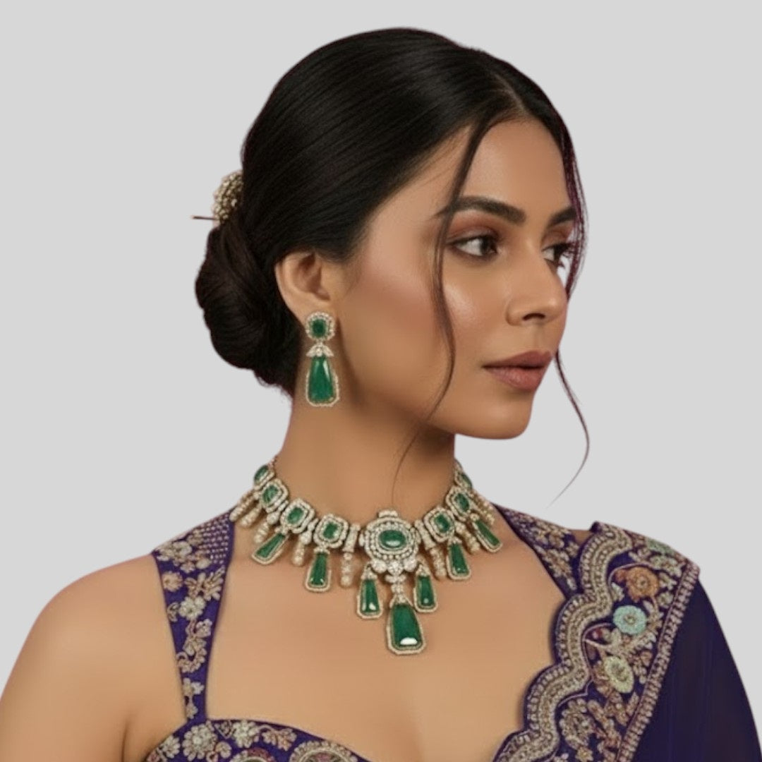 Royal Green Stone Kundan Choker Necklace Set with Long Drop Earrings for Women