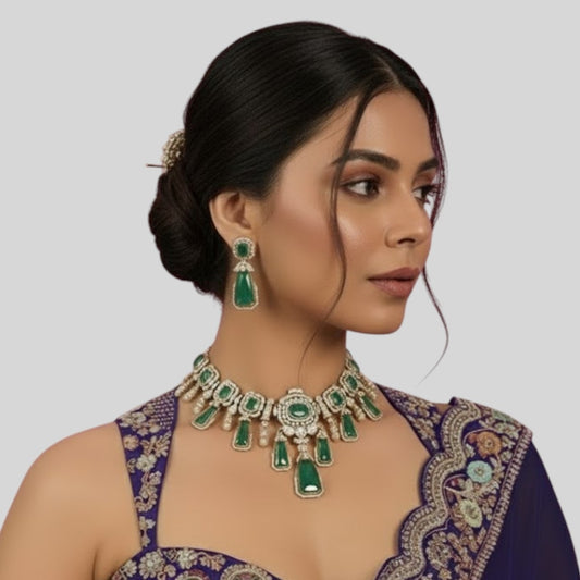 Royal Green Stone Kundan Choker Necklace Set with Long Drop Earrings for Women