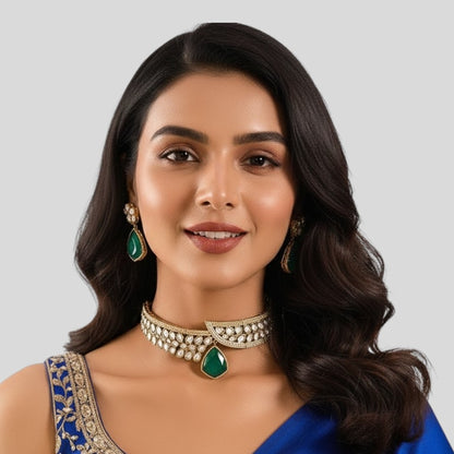 Gold Finish Kundan Polki Choker Necklace Set with Emerald Green Stones – Bridal & Festive Jewelry