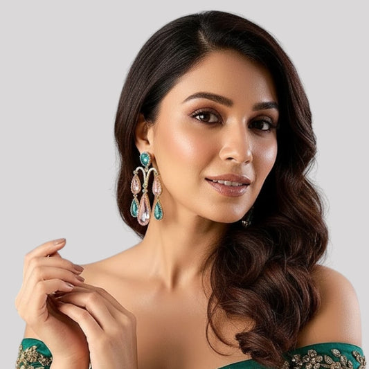 Luxury Pastel Teardrop Dangler Earrings in Blue & Pink with Gold-Tone Finish