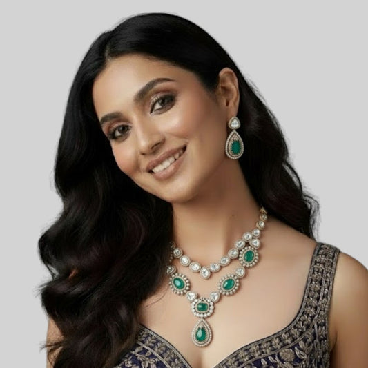 Regal Emerald and Polki Crystal Necklace Set with Coordinate Earrings