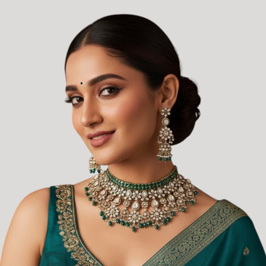 Gold Finish Kundan Polki & Deep Green Beaded Choker Necklace Set