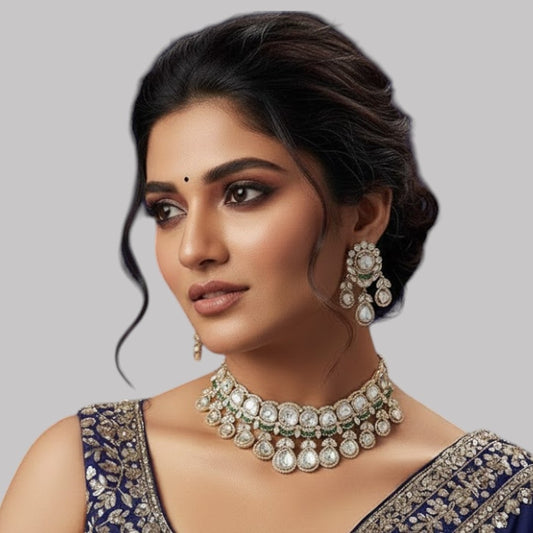 Stunning Gold-Plated Kundan Bridal Jewelry Set with Choker, Earrings Maang Tikka