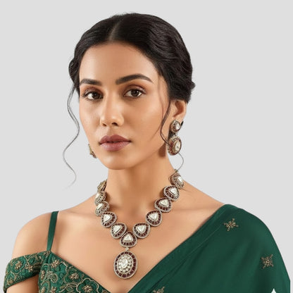 Timeless Red &amp; Kundan Teardrop Necklace Set with Oval Pendant