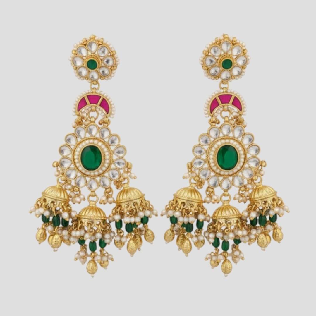 Traditional Gold-Plated Kundan & Emerald Green Jhumka Earrings for Women