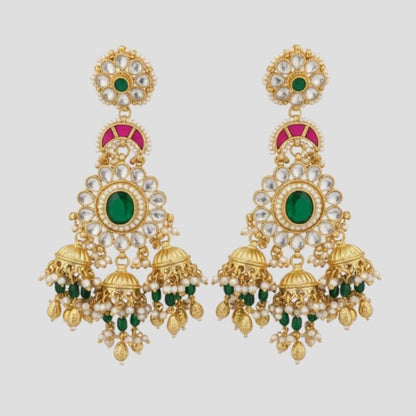 Traditional Gold-Plated Kundan & Emerald Green Jhumka Earrings for Women