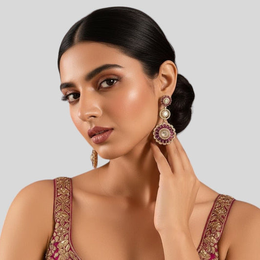 Antique Gold and Pink Enamel Floral Statement Earrings