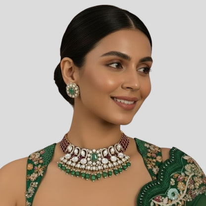 Ruby & Green Beads Kundan Choker Necklace Set with Floral Stud Earrings for Women