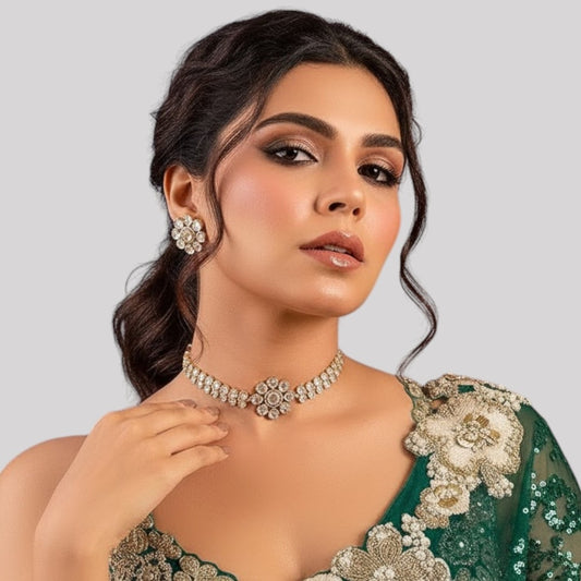 Stunning Gold-Plated Kundan Choker Necklace Set with Coordination Stud Earrings