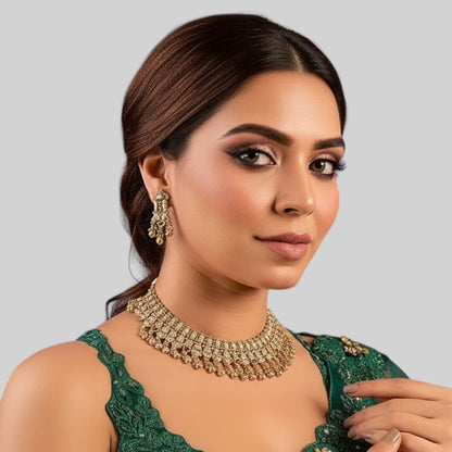 Gold-Plated Bridal Necklace Set with Ruby Accents and Earrings