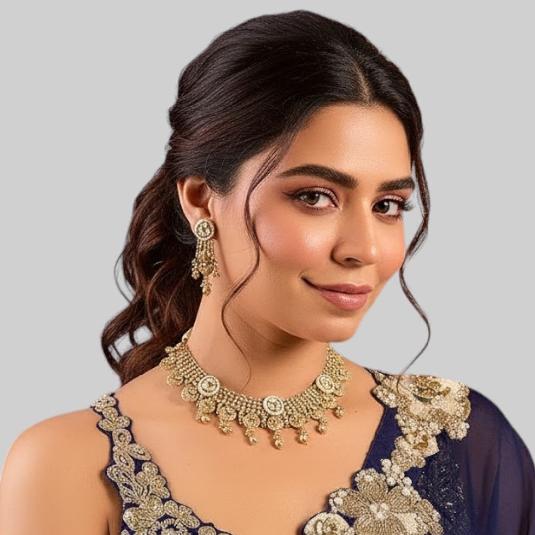 Classic Gold-Plated Bridal Choker Necklace with Matching Earrings