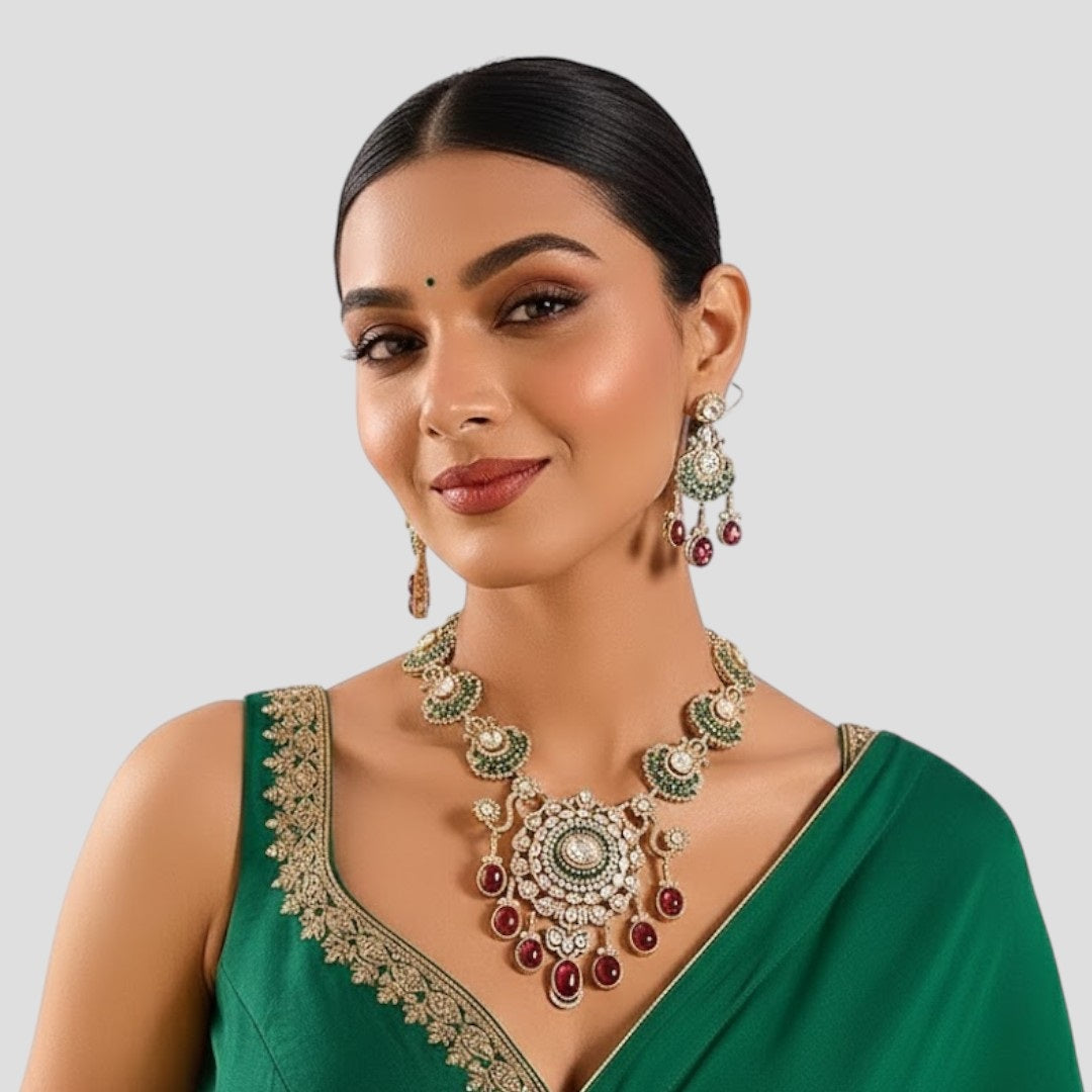 Royal Kundan Necklace Set with Ruby Red Drops and Green Accents