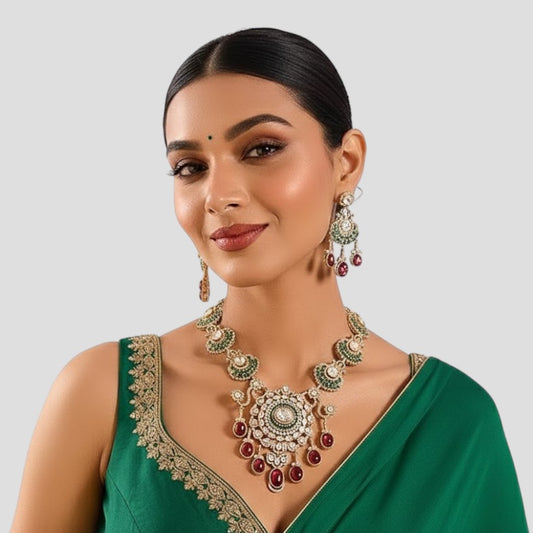 Royal Kundan Necklace Set with Ruby Red Drops and Green Accents