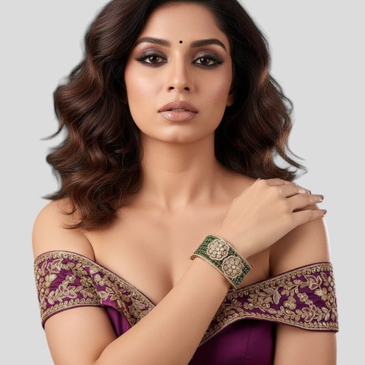 Gold-Plated Green Kundan Kada Bangle with Floral Design for Women