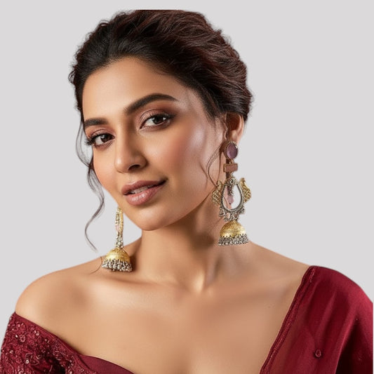 Gold-Tone Dual Peacock Jhumka Earrings with Pink Stone & Silver Ghungroo Drops