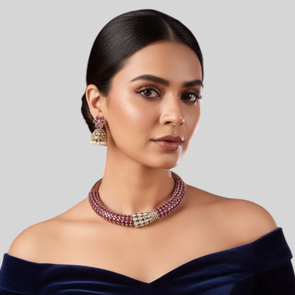 Designer Ruby & Pearl Studded Kundan Choker Necklace Set with Jhumka Earrings for Women