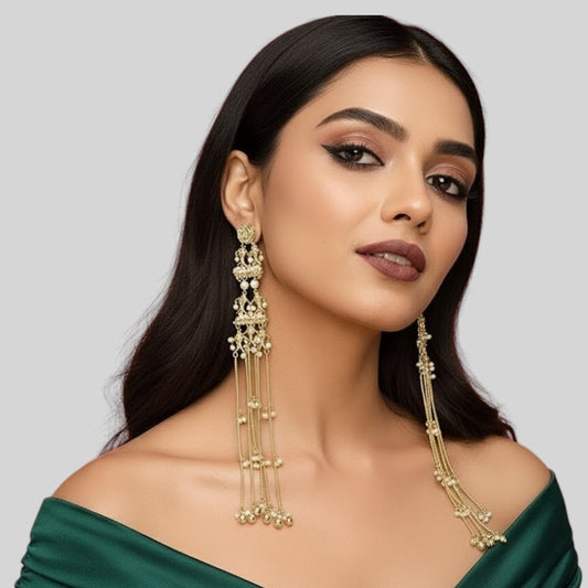 Traditional Long Golden Dangler Earrings with Multi-Strand Pearl Chains