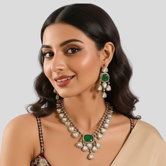 Green Kundan Polki Necklace Set with Earrings | Bridal & Festive Wear Jewelry