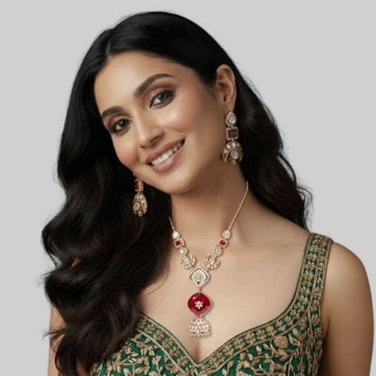 Ruby Red Temple Pendant Necklace Set – Kundan Jhumka Motif Design