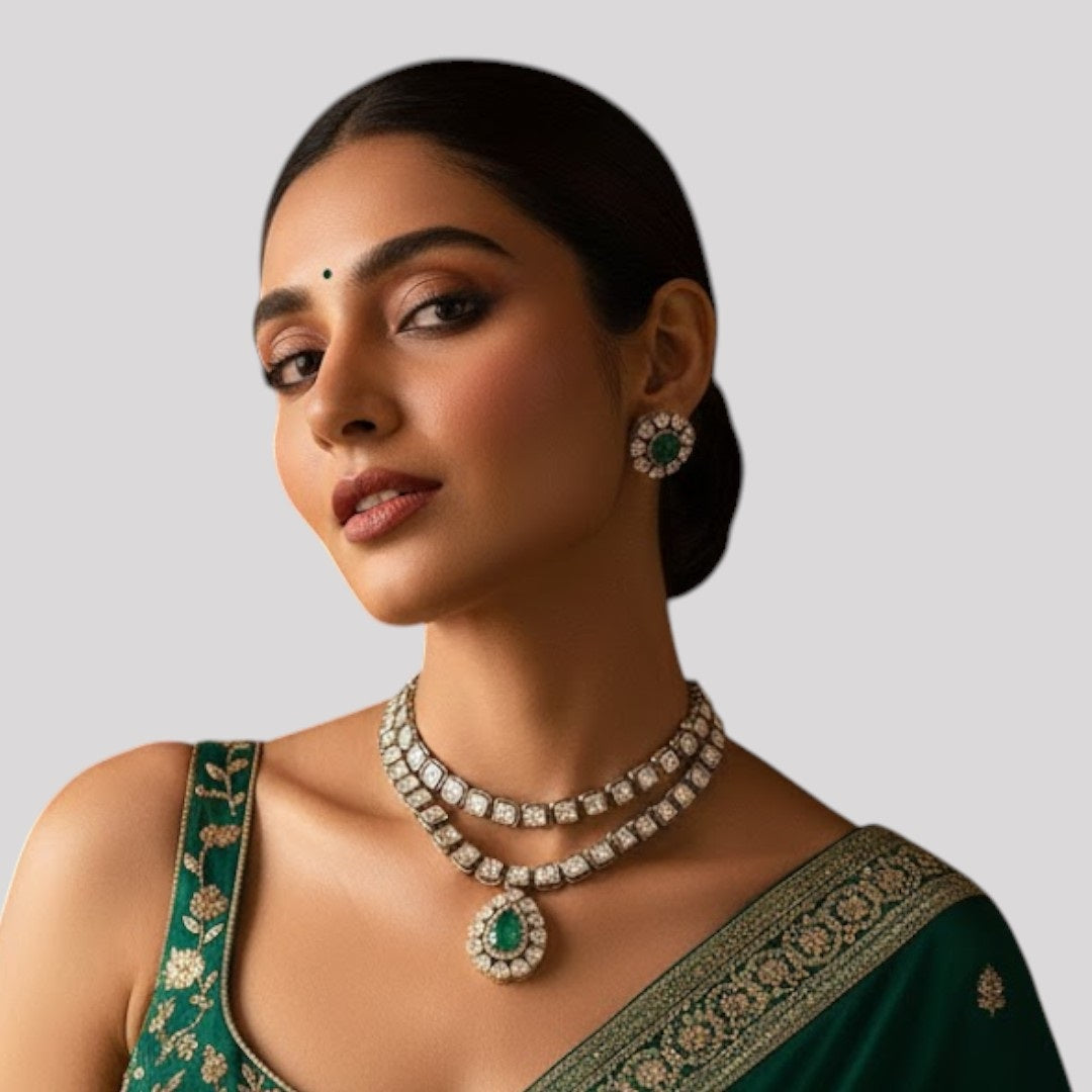 Exquisite Double-Layer Kundan Necklace Set with Emerald Pendant