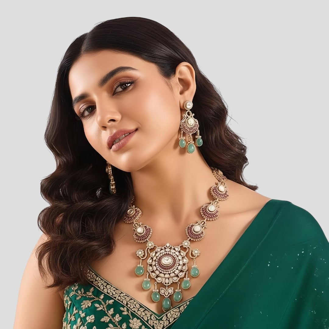 Rani Pink and Mint Green Kundan Necklace Set with Dangle Drops