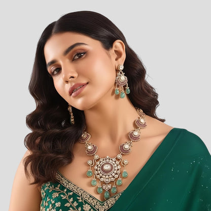 Rani Pink and Mint Green Kundan Necklace Set with Dangle Drops